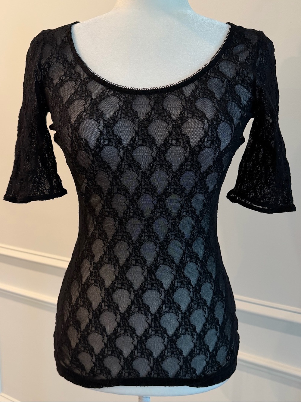 Wolford Black Sheer Lace Top Fitted Stretch Short Sleeve Blouse Size L - Picture 8 of 10